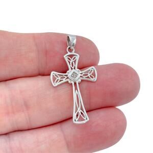 Vintage Sterling Silver 925 Celtic Knot Diamond Accent Cross Pendant